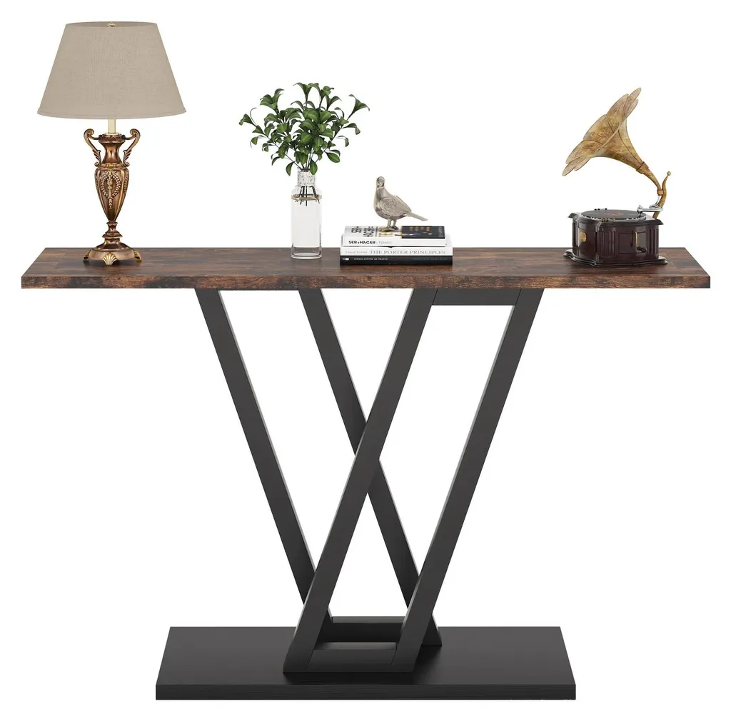 Console d'entrée étroite 110 cm plateau bois et pieds métal chocolat