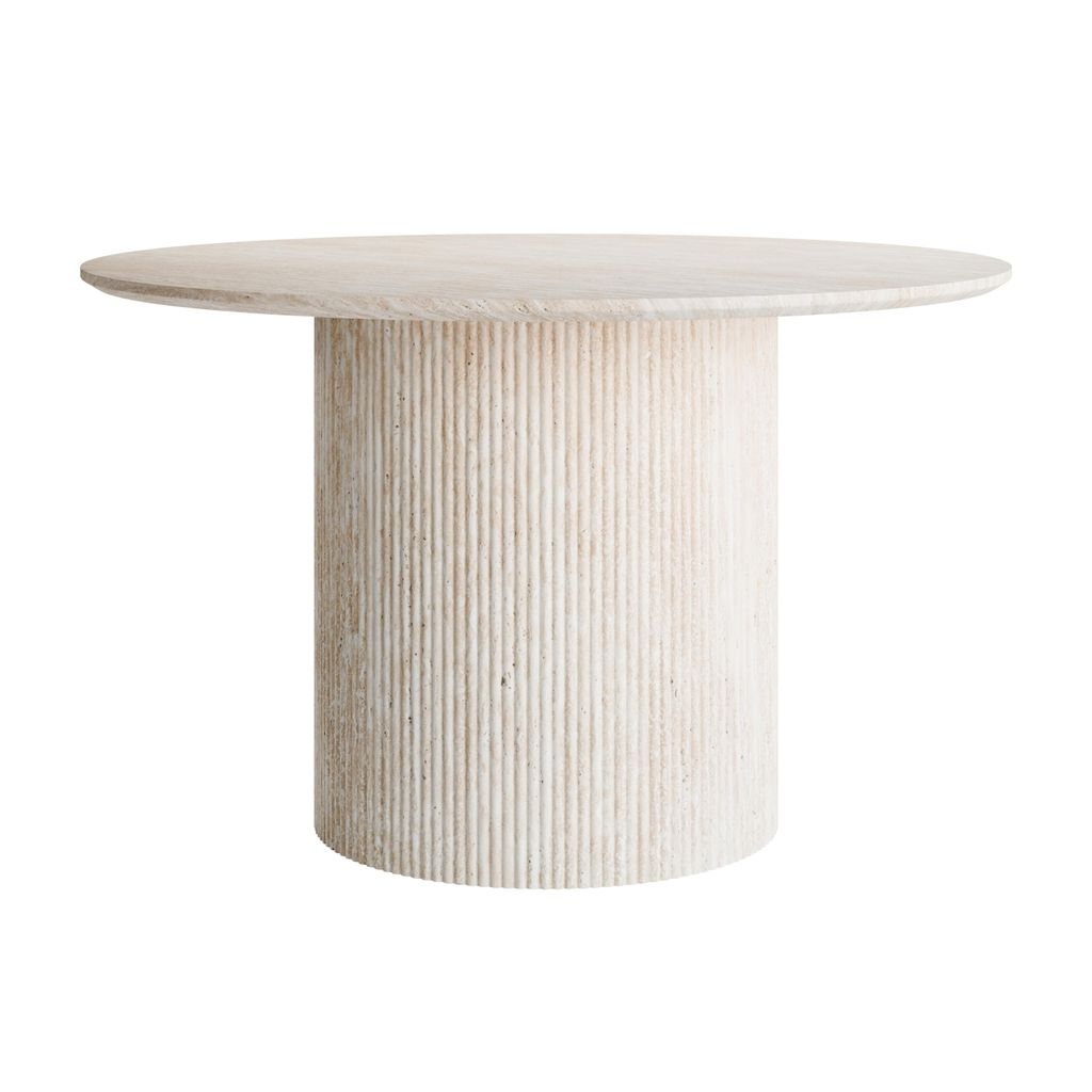 A round dining table with a fluted pedestal base.