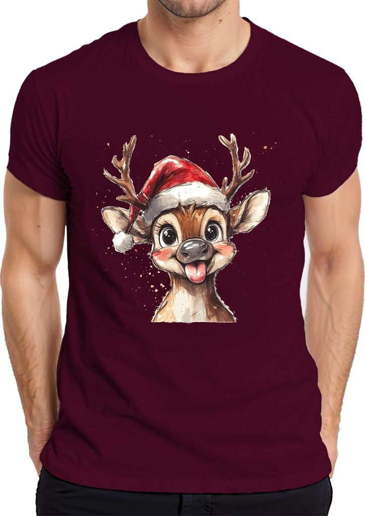 Weihnachtsrentier Lustig Zunge Niedlich Kinder Geschenk Cartoon Herren T-Shirt, Burgundy, M