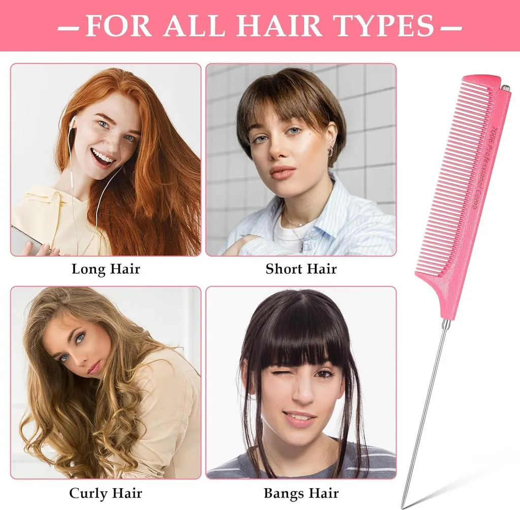 Peigne à queue télescopique en acier inoxydable rose antistatique - 4