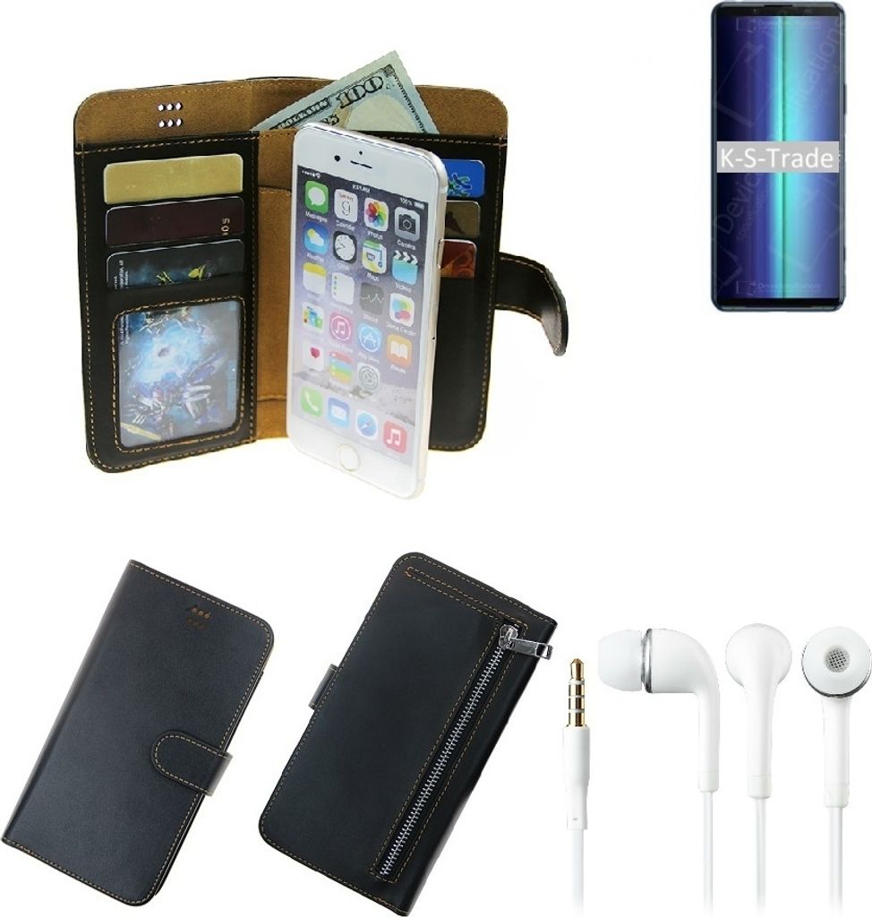 TOP SET Handy Hülle Schutz Hülle kompatibel mit Sony Xperia 8 Lite schwarz aus Kunstleder + Kopfhörer Smartphone Tasche vollwertige Geldbörse