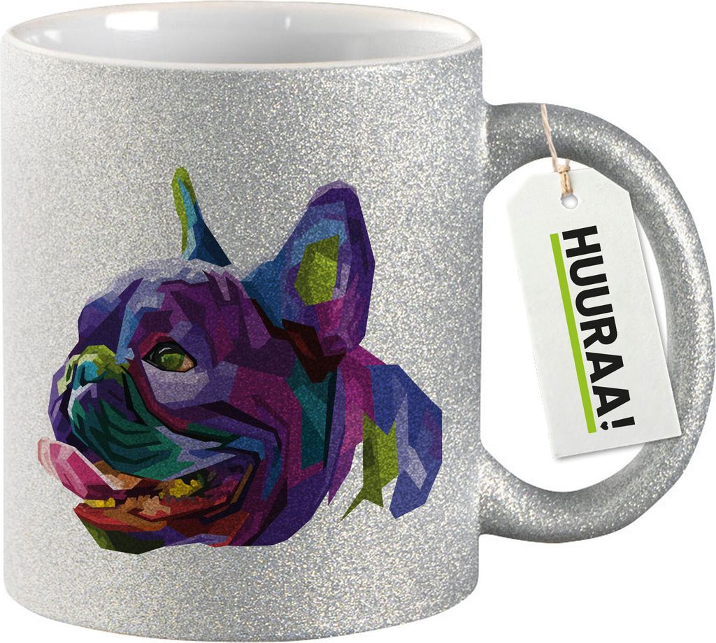 Huuraa Glitzertasse Mops Colorful 330ml Silber Keramik Kaffeebecher Geschenkidee