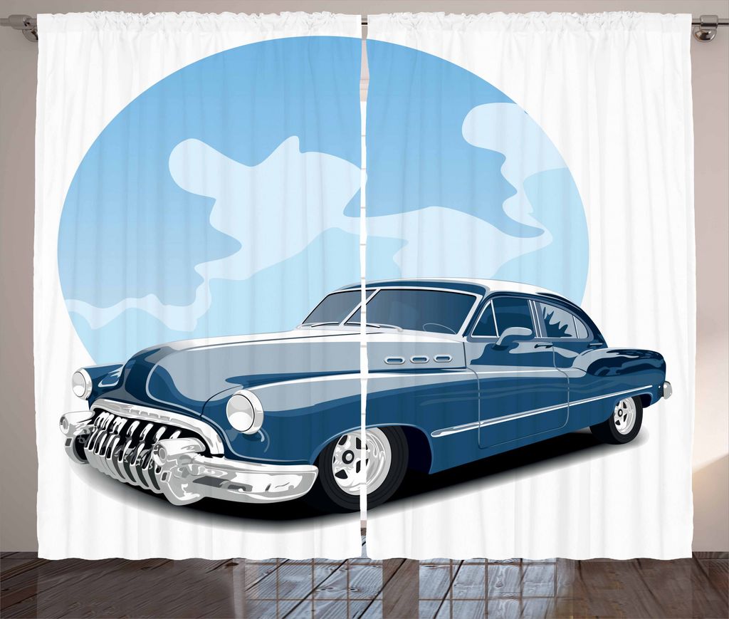 ABAKUHAUS Autos Rustikaler Vorhang, Old School Vintage Auto, Wohnzimmer Universalband Gardinen mit Schlaufen und Haken, 280 x 225 cm, Hellblau Schw...