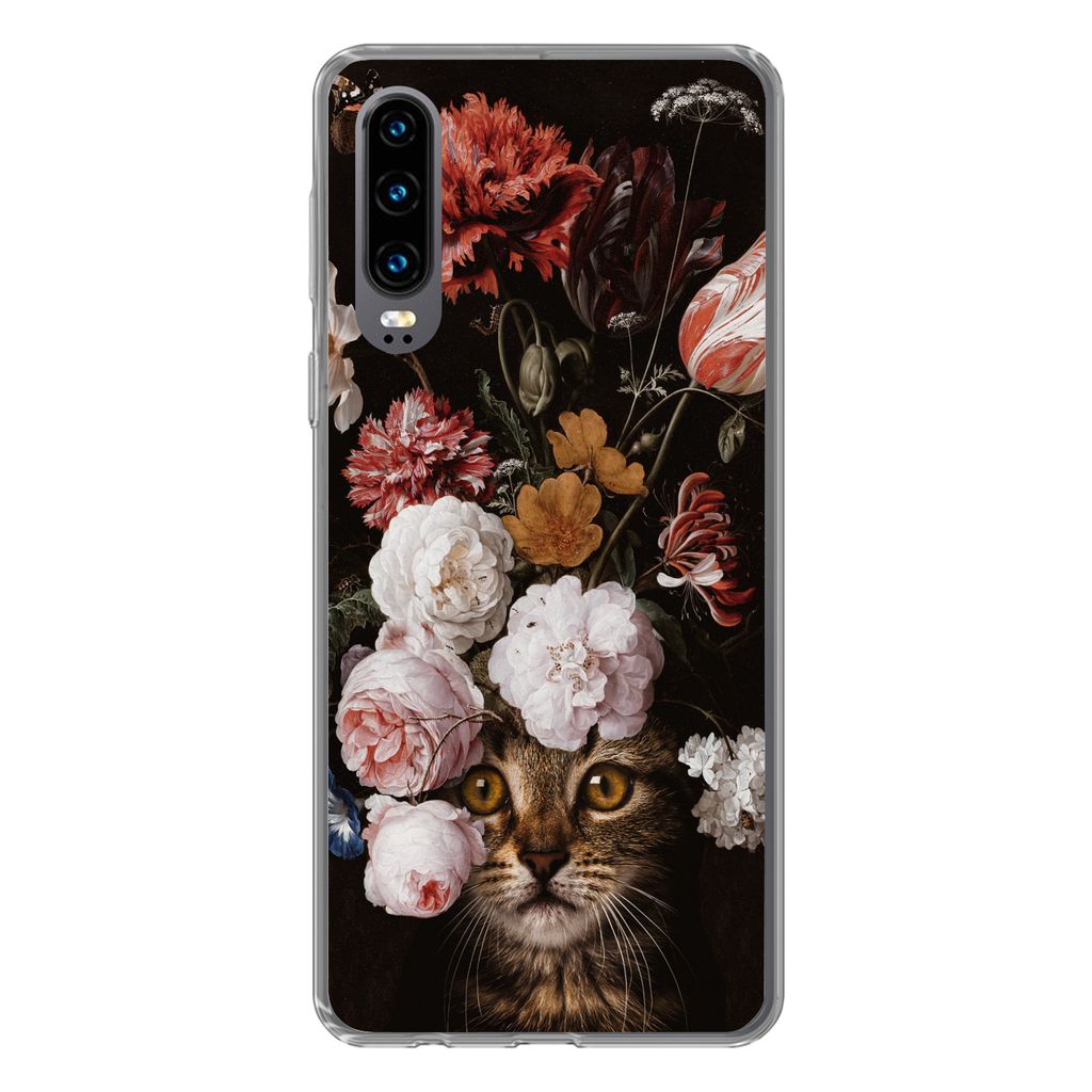 MuchoWow Handyhülle Schutzhülle Hülle für Huawei P30 Katze - Blumen - Kunst Silikon Softcase Handy Hülle - Kartenbesitzer