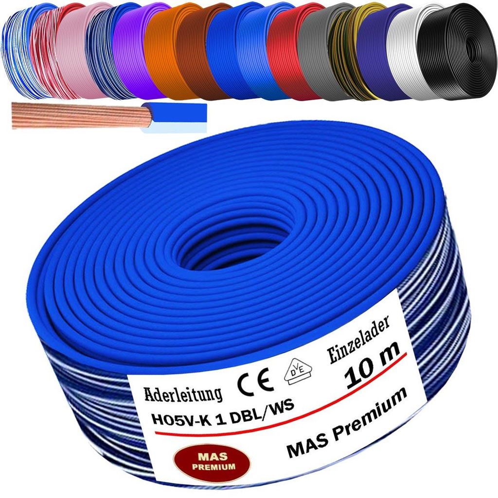 10m Aderleitung H05 V-K 1 mm² Dunkelblau-Weiß Einzelader Produktbild 