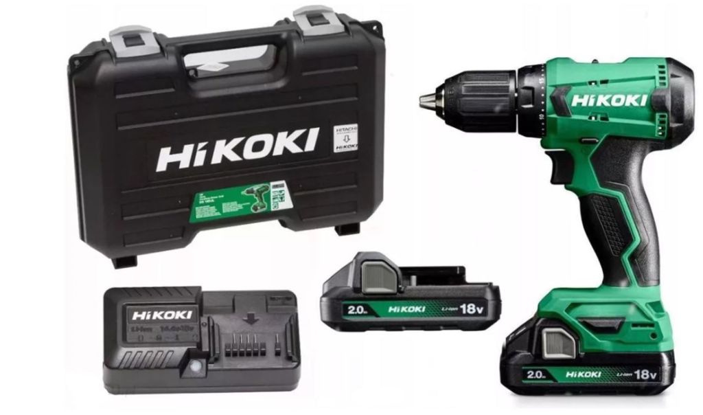 A cordless drill, two batteries, a charger, and a carrying case are displayed against a white background.