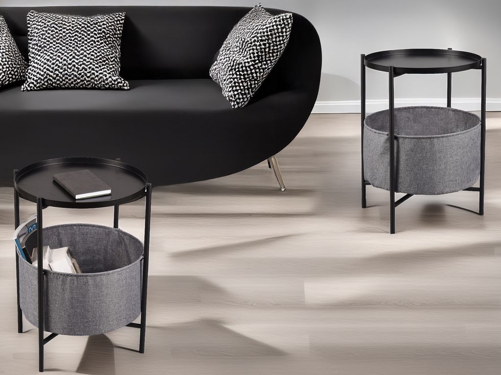 Couchtisch 2 teilig schwarze Nachttische mit Stoffkorb, Beistelltisch für Sofas