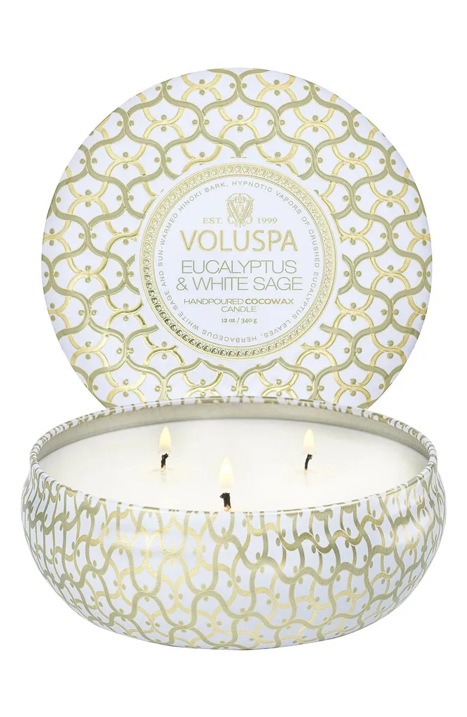 Bougie en étain à 3 mèches Eucalyptus et Sauge Blanche Voluspa 340g