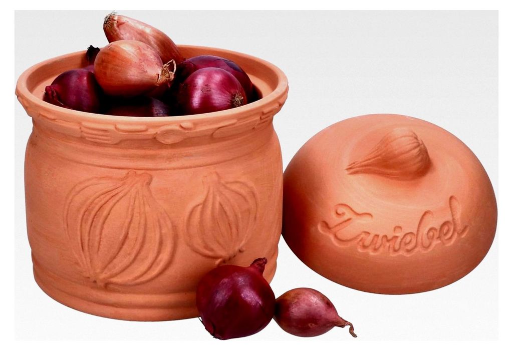 Zwiebeltopf aus Terrakotta I Ø 17,8 cm I Tontopf mit Deckel für die Küche I Aufbewahrungsdose mit Relief und Schriftzug I Ideal für die Lagerung