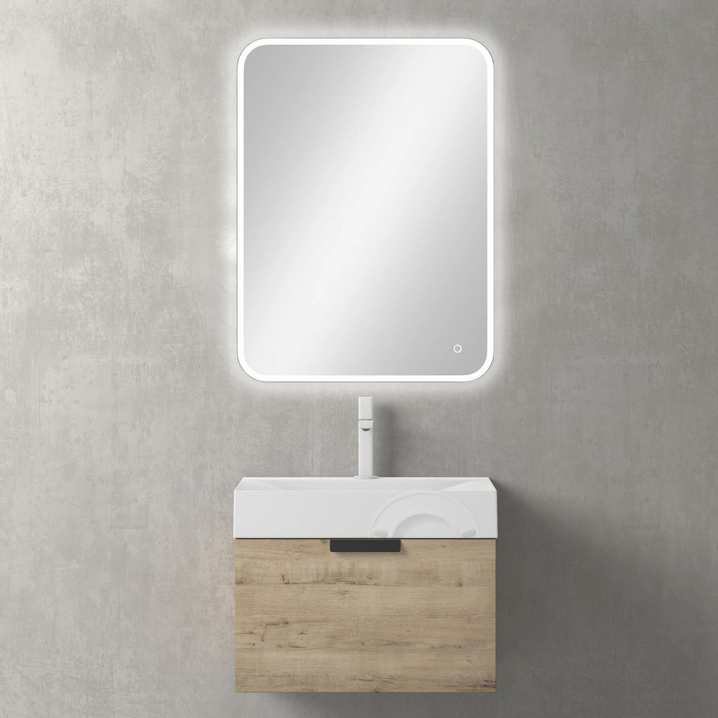 Mai & Mai Badmöbel-Set BxH 60x45cm in Eiche Greige mit Soft-Close Schublade Wandmontage inkl. Waschbecken und LED-Spiegel Lonato