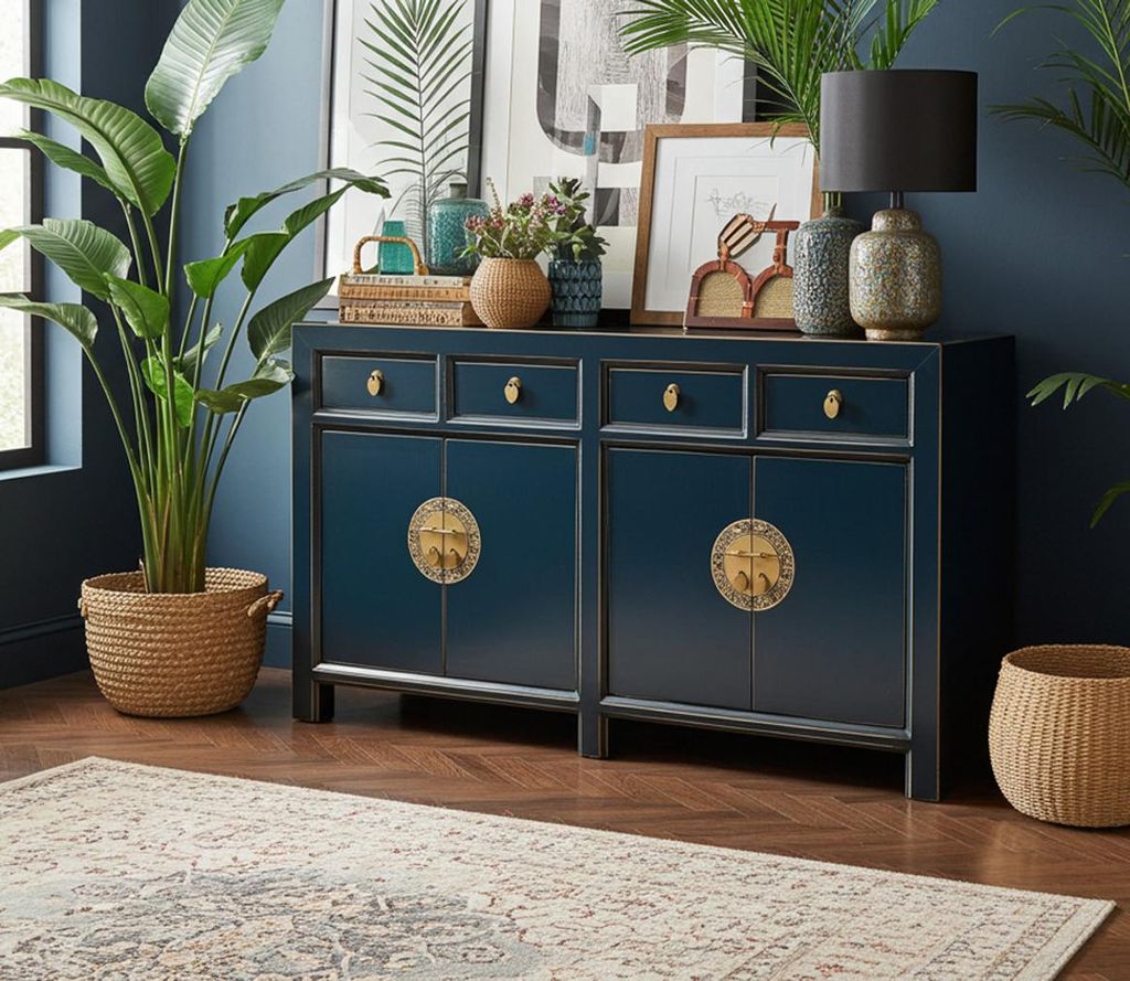 Sideboard Kommode Schrank Anrichte Büffet Asia Möbel aus Holz dunkelblau chinesisch asiatisch orientalisch Vintage Stil komplett montiert
