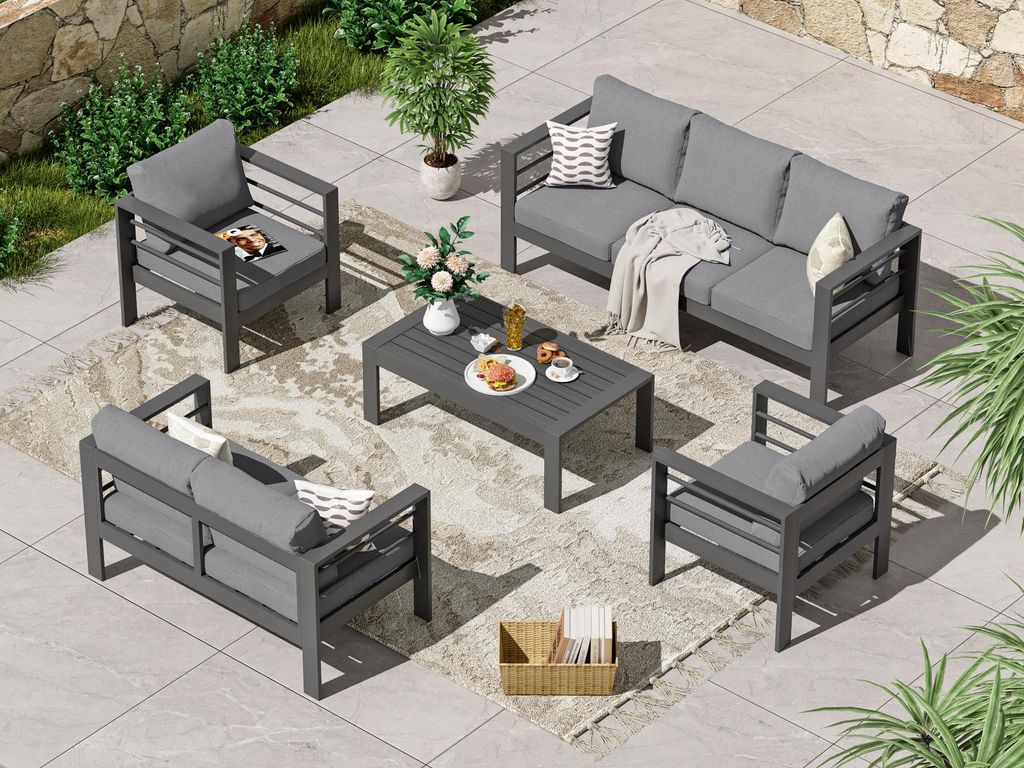MeXo Gartenmöbelset, Loungeset Aluminium für 6-7 Personen mit Kissen & Couchtisch Indoor Outdoor Balkon Garten Terrasse (Sitzgruppe, Aluminiumrah...