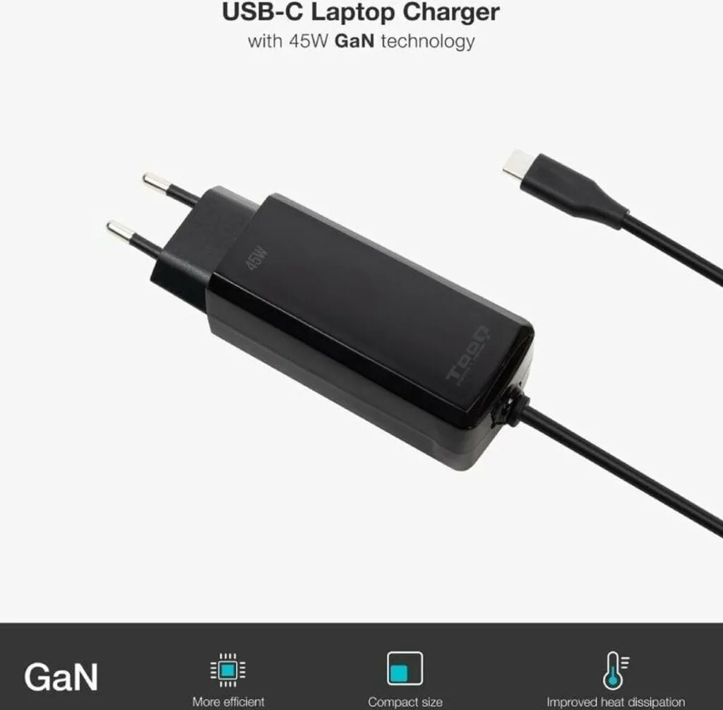 Chargeur USB-C TooQ TQLC-USBCGAN45PD-C 45W pour PC portable compact