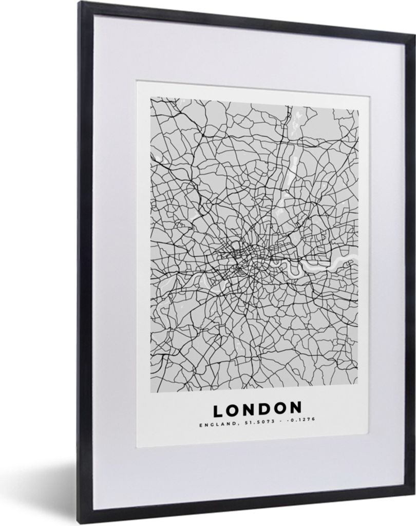 MuchoWow Gerahmtes Poster London - Stadtplan - Schwarz und Weiß - Karte 30x40 cm - Poster mit Schwarzem Bilderrahmen Wandposter Rahmen Foto Bild...