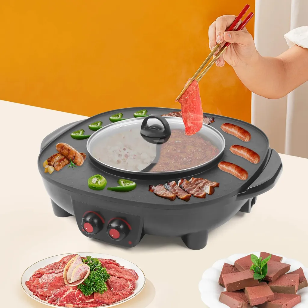 Hotpot & Grill 2 en 1 - Barbecue Coréen Électrique, 5+ Pers, Noir