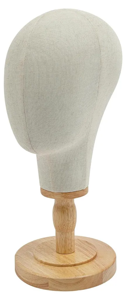 Support perruque stable en bois et lin beige - Tête mannequin de 54 cm