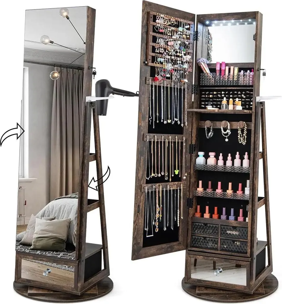Armoire bijoux LED verrouillable avec miroir pivotant et tiroir bois