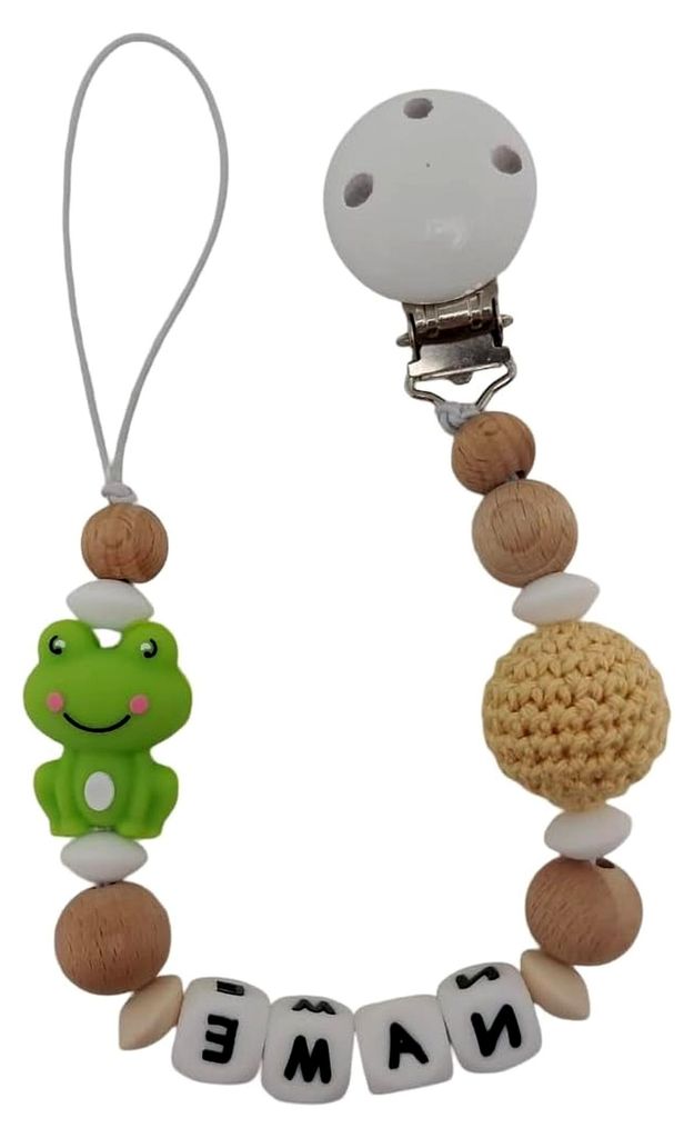 Personalisierte Schnullerkette mit Namen für Mädchen oder Jungen zur Geburt und Taufe (Frosch honig)