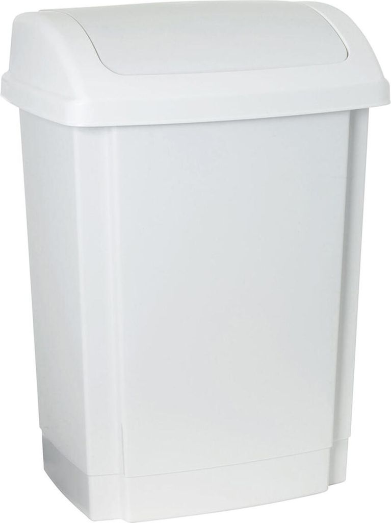 A white plastic trash can with a swing lid.