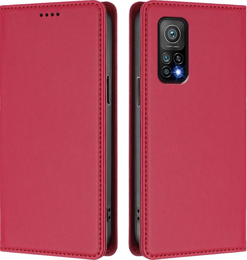 Handyhülle für Xiaomi Mi 10T / Mi 10T Pro, Kunstleder Klapphülle Stoßfeste Magnetische Hülle mit Ständer Rot