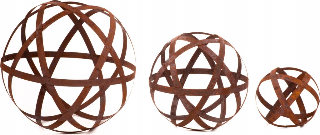 Three metal garden spheres of varying sizes, with a rusted finish, are displayed against a white background.