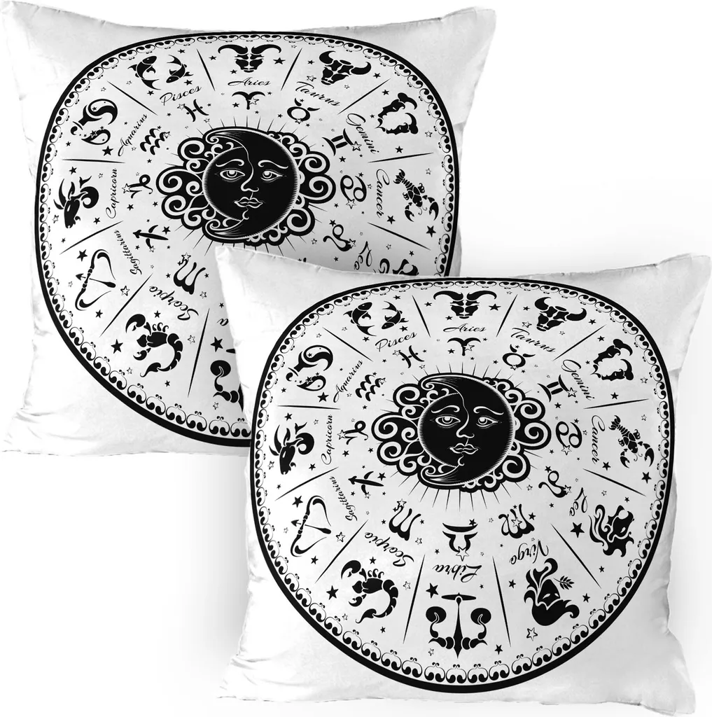 ABAKUHAUS Copricuscino Zodiaco Confezione da 2, Simboli minimalisti arrotondati Effetti mistici dello spazio esterno Stampa immagine, Copricuscino decorativo stampato, 80x80 cm, Bianco Nero