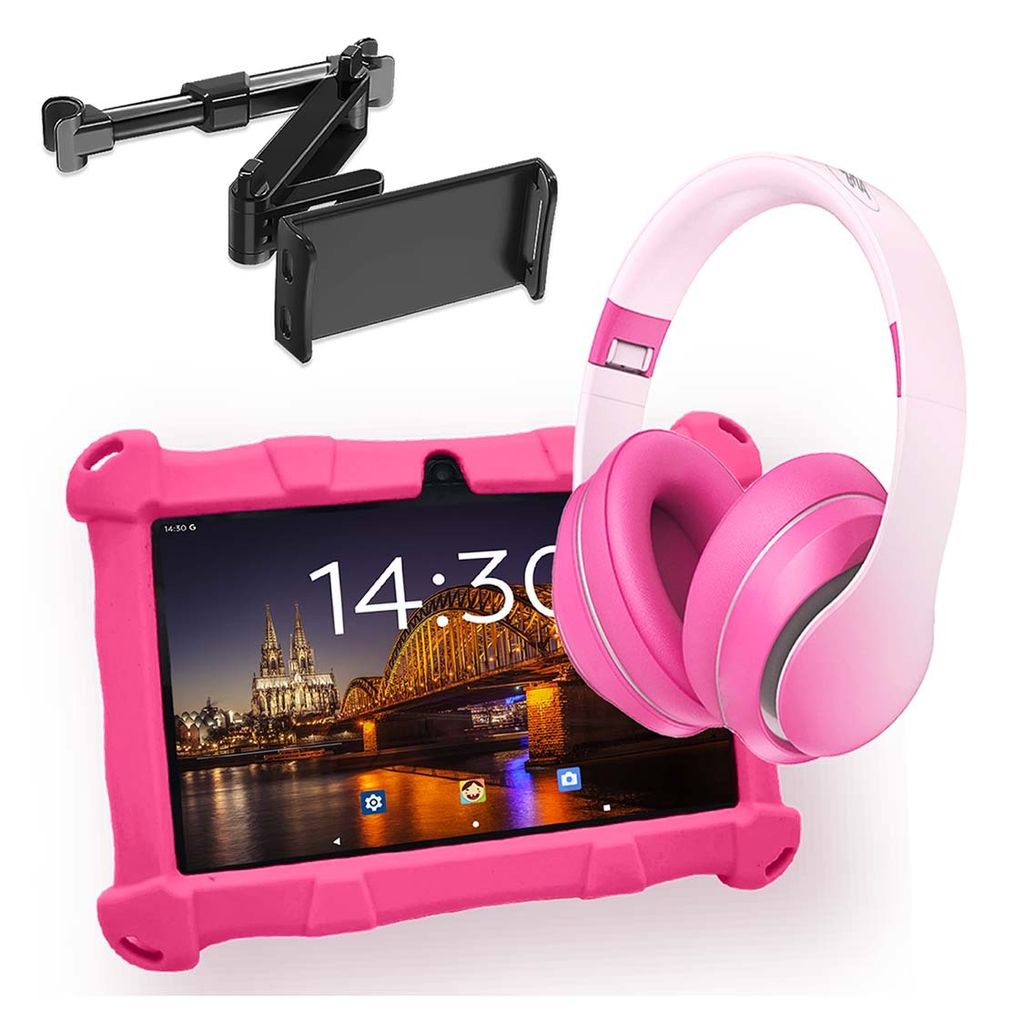 AngelTech Kindertablet SLIM Rosa mit Kopfhörer und Tablet-Halterung