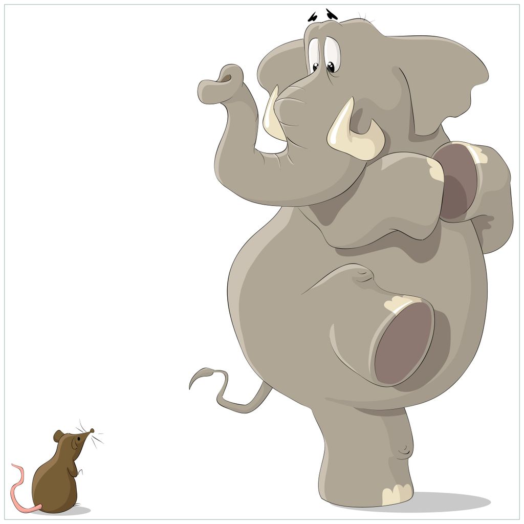 Wallario Premium Glasbild, freischwebende Optik, kräftige Farben, Größe 50 x 50 cm Motiv Elefant erschrickt vor Maus