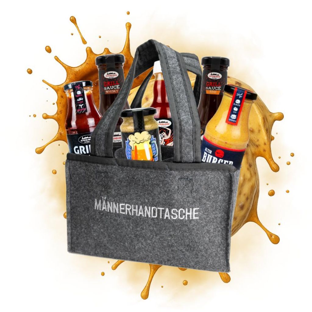 Männerhandtasche gefüllt mit Senf, Sauce und Bier