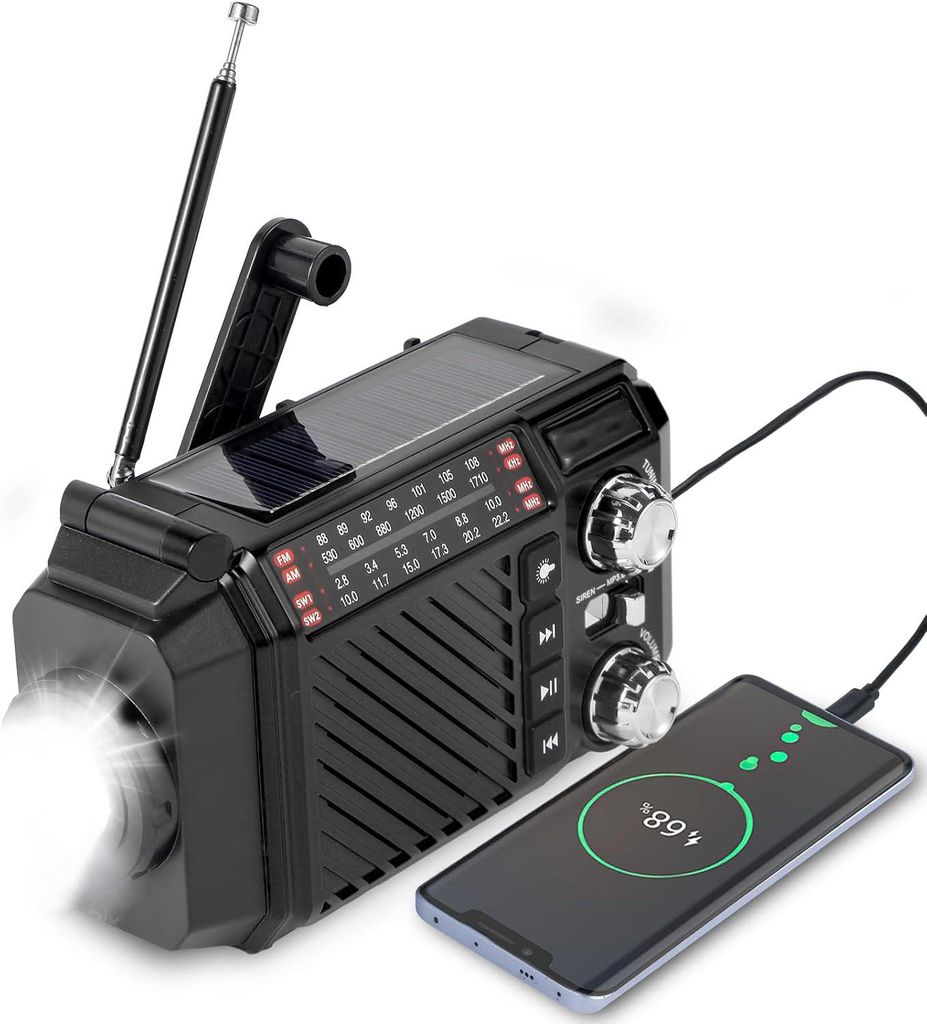 Multifunktionales Notfallradio mit Handkurbel, Solar & USB-C, 2600mAh Powerbank, SOS Alarm, LED Licht, AM/FM/SW Radio für Camping & Outdoor