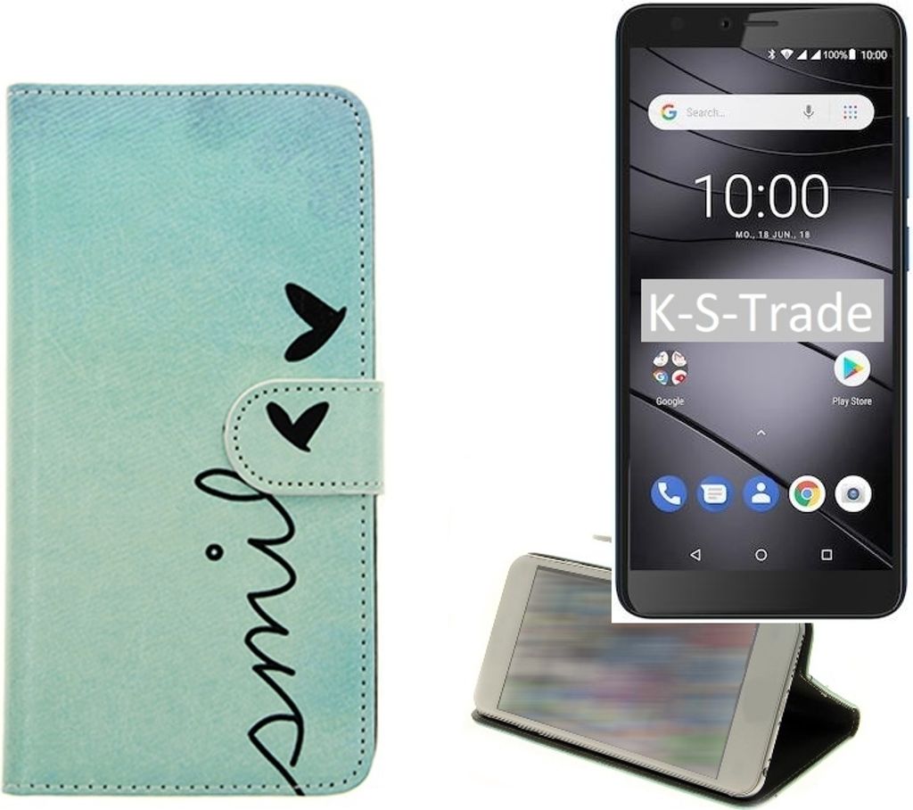 K-S-Trade Schutz-Hülle Handy-Hülle kompatibel mit Gigaset GS100 Hülle Wallet Case Flip cover bookstyle Etui Handyhülle ''smile'' türkis