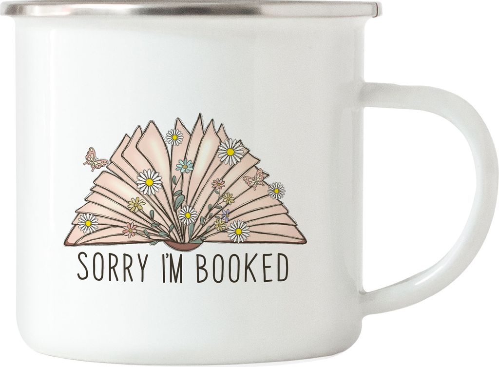Sorry I'm booked Emaille Tasse Leseratte Bücherwurm Lustiges Motiv mit Büchern Geschenkidee