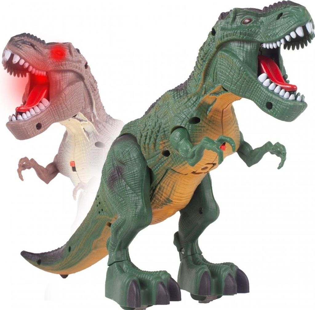 Two toy dinosaurs are shown against a white background. The dinosaur in the foreground is green and yellow, while the dinosaur in the background is brown and has red lights in its eyes.