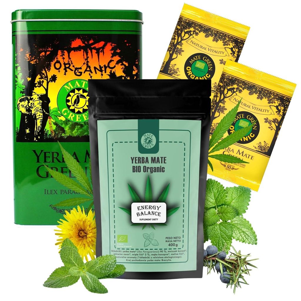 Yerba Mate Tee Mate Green Organic Set - Mate Green Energy Balance Tee 400g mit Minze - Yerba Mate Green 100g - Steel Box Mate Green