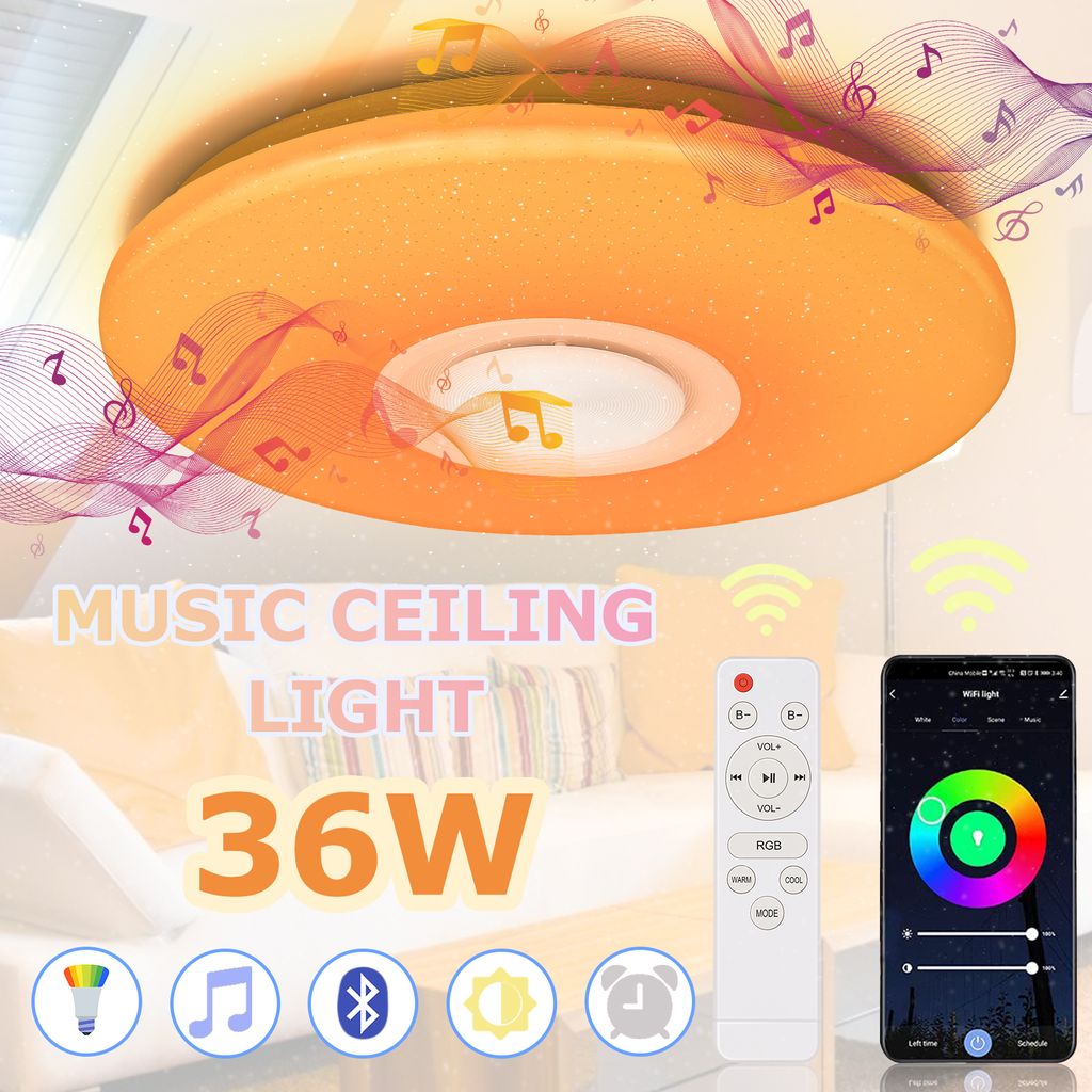 Peviasot Deckenleuchte LED Musik Deckenlampe 2500K-6500K Rund Dimmbar bluetooth Lautspreche mit Fernbedienung für Schlafzimmer Treppenhaus Küche
