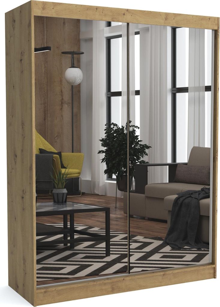 Brent - Kleiderschrank mit Spiegel Dave, Schlafzimmerschrank mit 1 Kleiderstange und Einlegeböden für Kleidung, 250x215x60 cm, Artisan Eiche