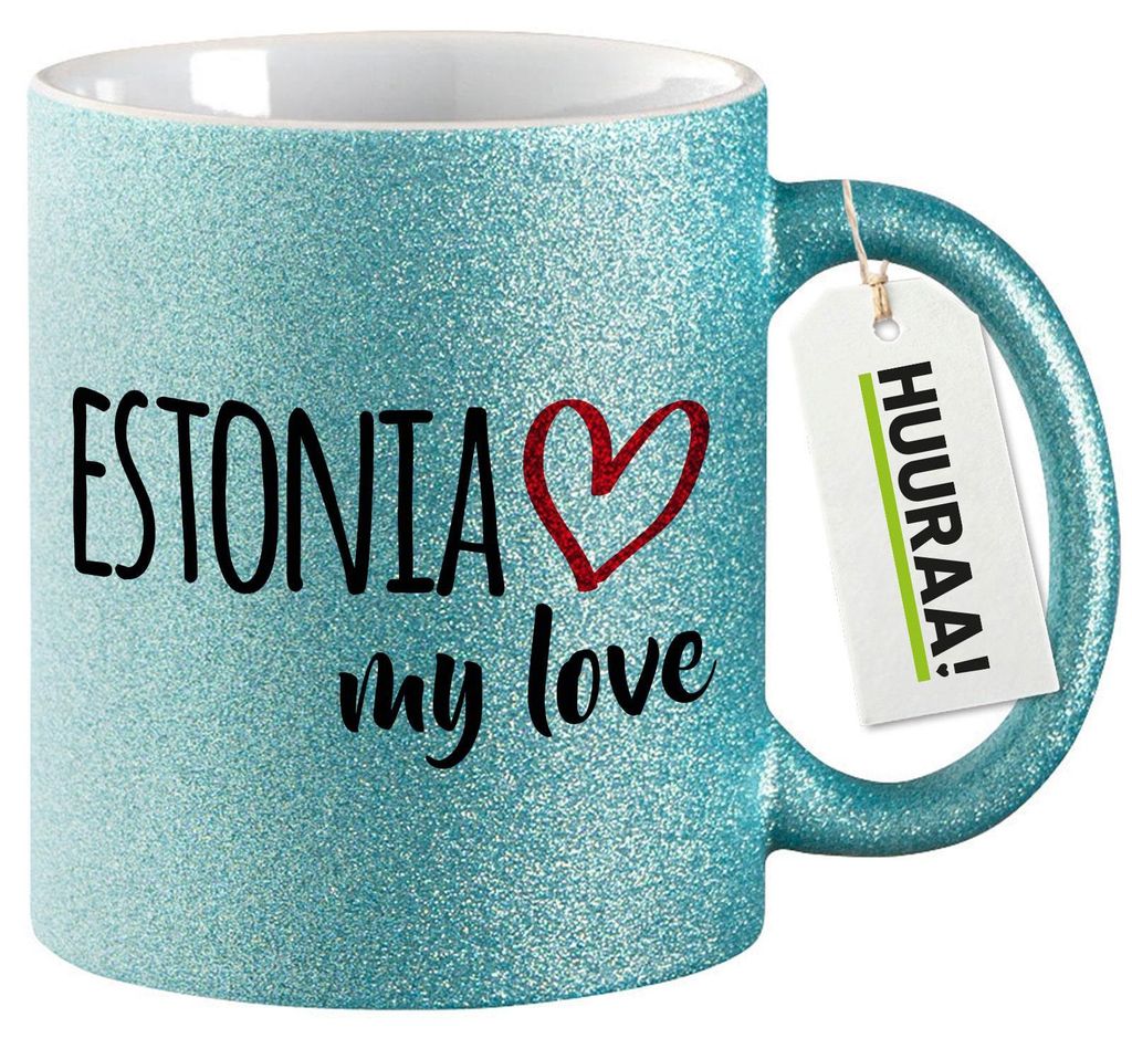 Huuraa Glitzertasse Estonia my love 330ml Blau Keramik Kaffeebecher Geschenkidee