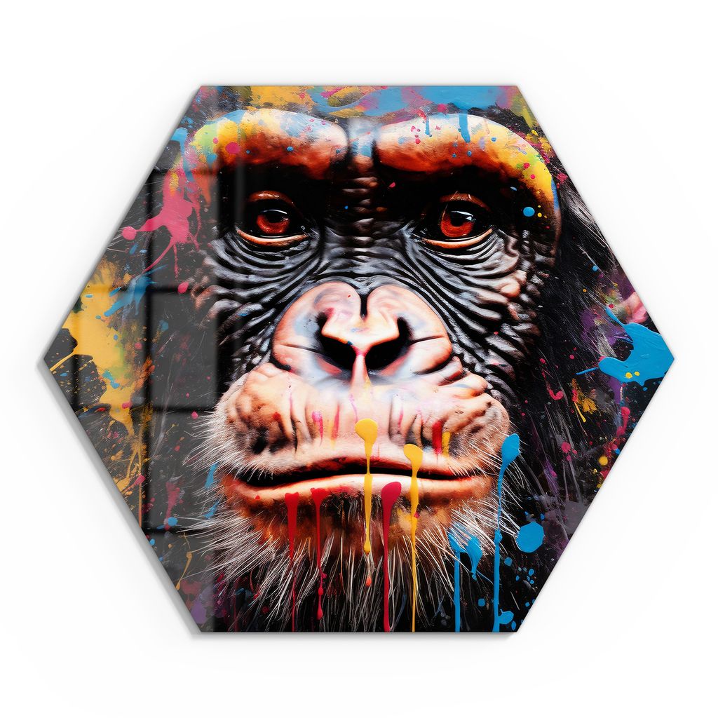 DEQOART Glasbild Echtglas 40x35 cm 'Schimpanse im Farbtaumel' Wandbild Bild modern Deko