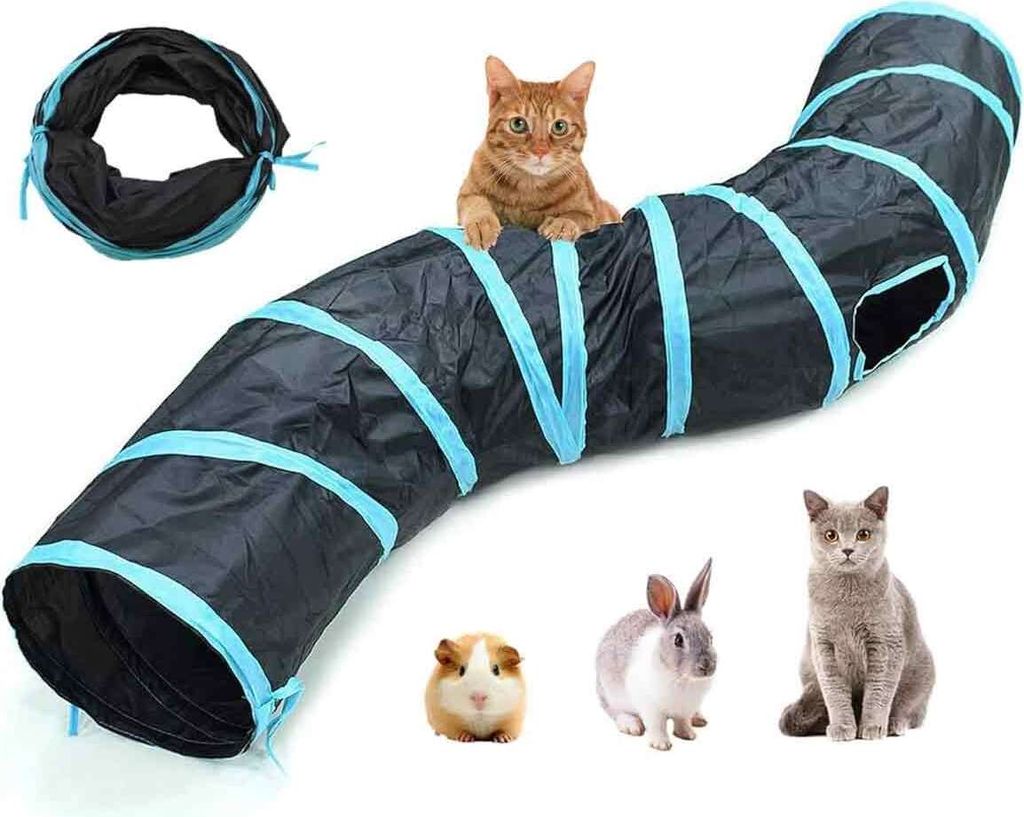 Blau-Schwarz-Katzentunnel. Ebenfalls enthalten ist ein interaktives Katzenspielzeug. Spielzeug für Katzen. Katzentunnel für Hauskatzen. Katzenrö...