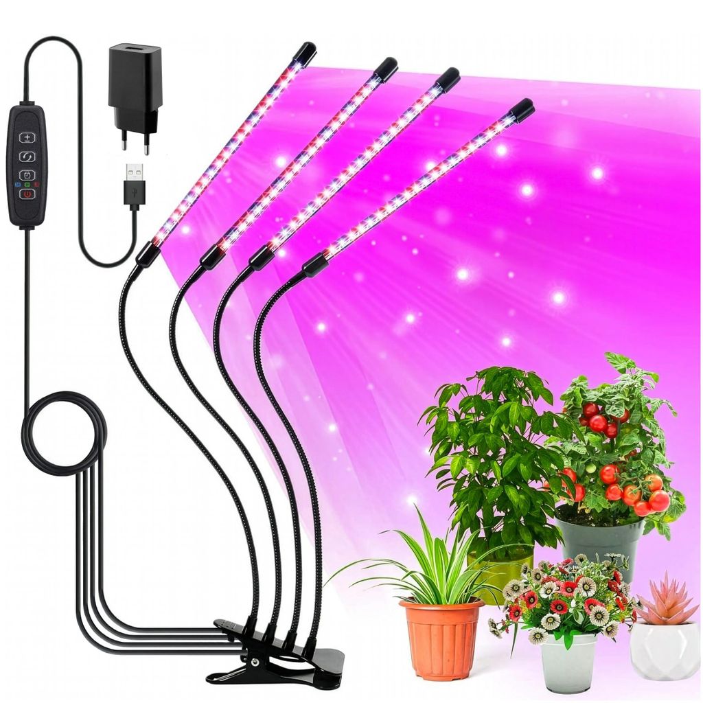 LED Pflanzenlampe 90W Vollspektrum mit 4 Köpfen, Wachstumslampe mit Timer & Clip, 80 LEDs dimmbar für Zimmerpflanzen & Anzucht, EVI GARDEN 4Glow