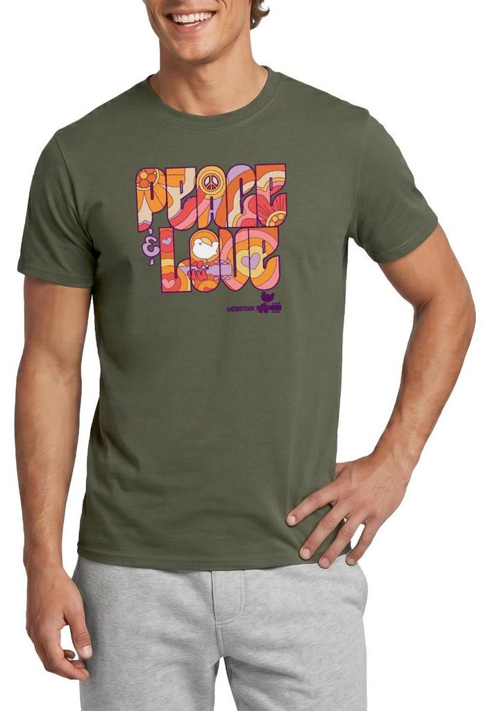 Spreadshirt Woodstock Peace Love Hippie Design Männer T-Shirt, M, Militärgrün