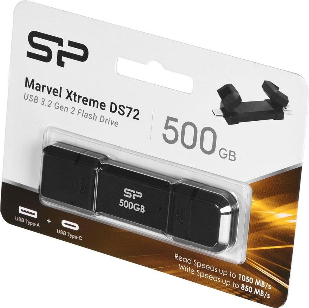 Silicon Power Marvel Xtreme DS72 - USB-Flash-Laufwerk - 500GB - USB 3,1 Gen 2 / USB-C 3,2 Gen 2 - Schwarz (SP500GBUC3S72VPK)