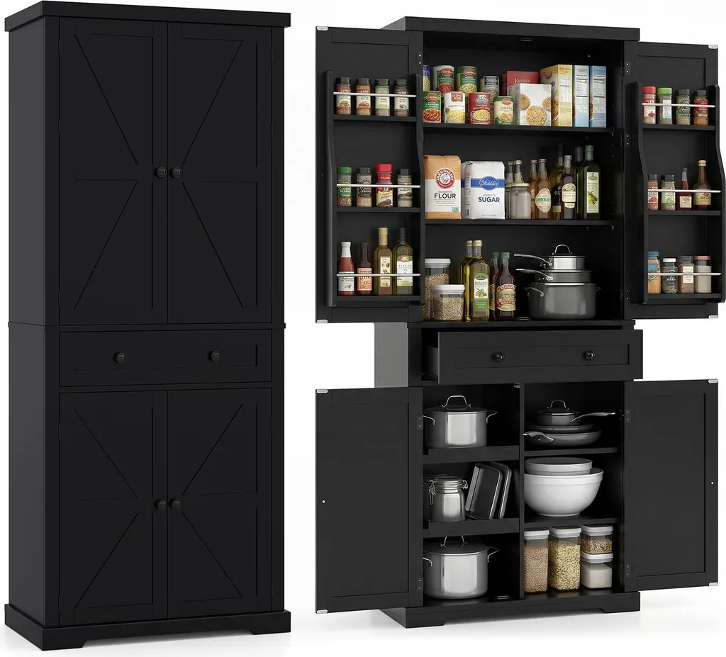 Armoire de cuisine COSTWAY 184 cm, buffet noir avec tiroir et 4 portes