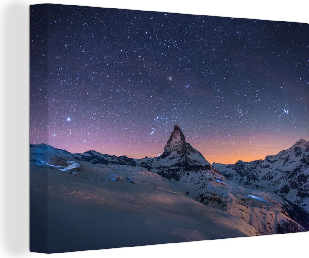 OneMillionCanvasses - Leinwandbilder - 140x90 cm, Nacht über der Landschaft im Winter des Schweizer Matterhorns, Wandbilder Kunstdruck Wanddekor...