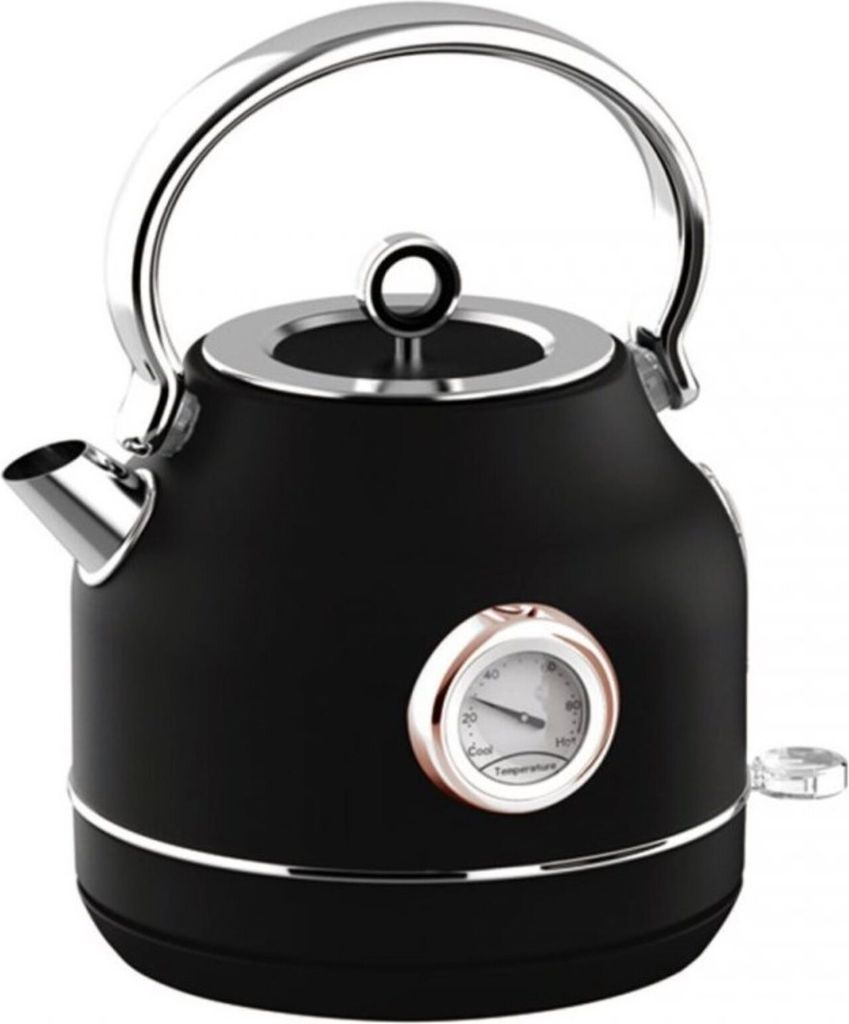 A black electric kettle with a thermometer on a white background.
