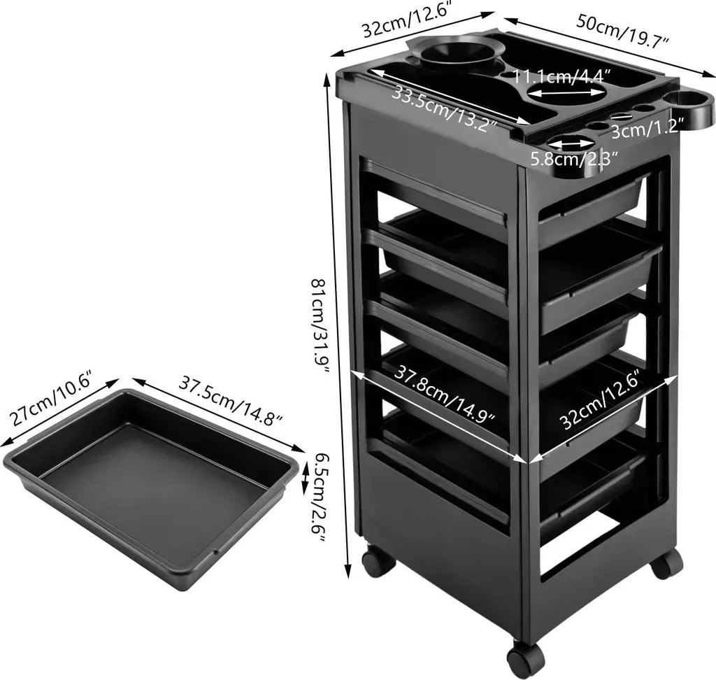 Chariot de salon 5 étages noir ergonomique à grande capacité 110cm