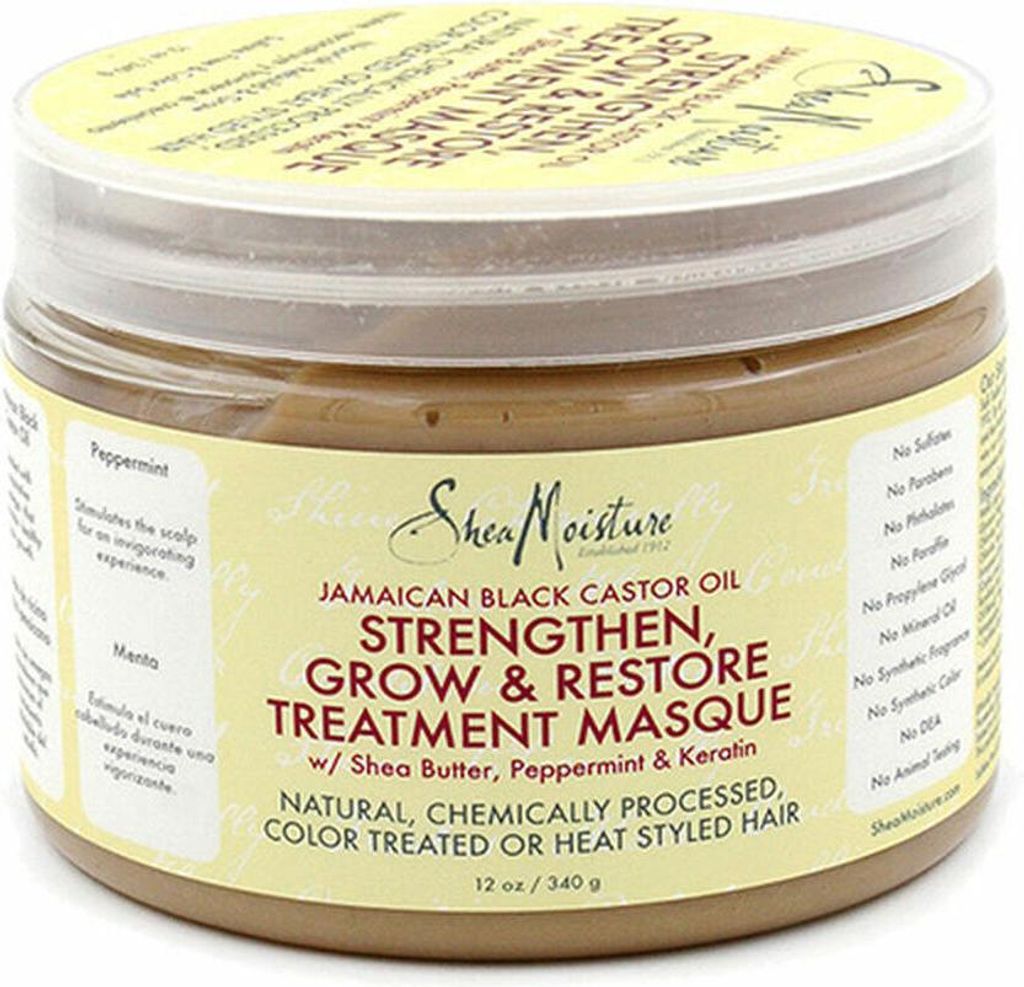 A jar of Shea Moisture Jamaican Black Castor Oil Strengthen, Grow & Restore Treatment Masque.