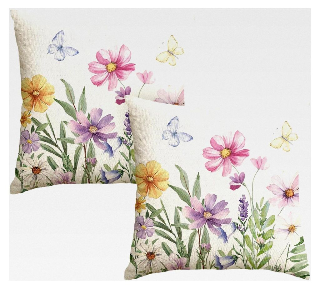 Kissenbezüge mit Blumen, Blättern und Schmetterlingen im 2er Set, 45x45 cm, für den Sommer, saisonale Dekoration für Couch und Wohnzimmer