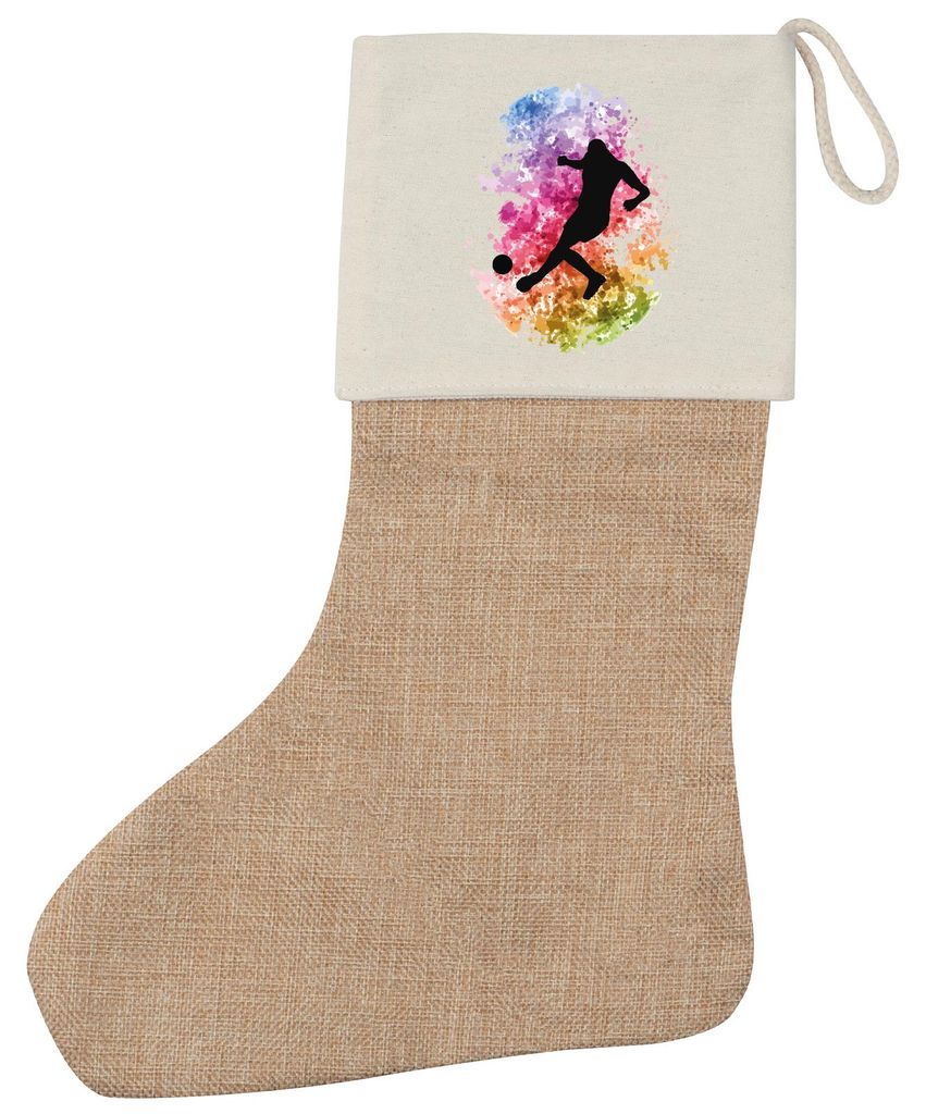 Huuraa Weihnachtsstrumpf Fußballspieler bunte Silhouette Beige Jute Kaminstrumpf Geschenkidee
