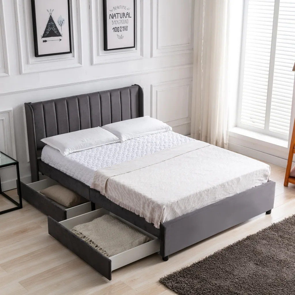 Lit 140x200cm avec 2 tiroirs et sommier, structure bois velours gris - 18